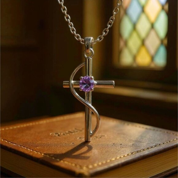 Sterling Silver Cross Pendant Necklace – Purple Amethyst Gemstone 18" Chain - Picture 1 of 8